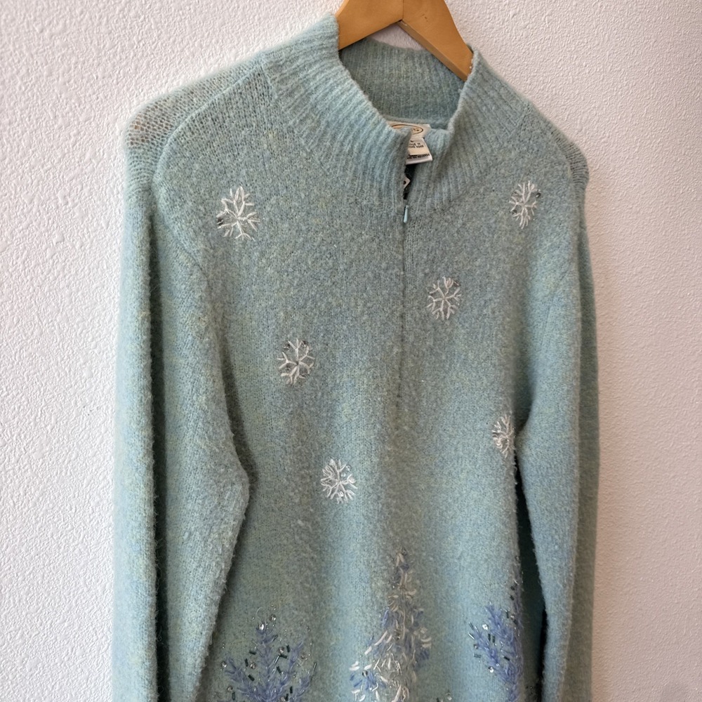 Talbots Blue Sparkle Beaded Wool Blend Stretch Christmas Tree Sweater New Large - Picture 2 of 13